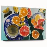 Acrylic print of large abstract fruits in vibrant colors, ideal for bedroom or dining room decor.