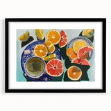 Extra large abstract art print featuring colorful, textured fruits on a black framed canvas, ideal for living room decor.