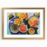 Extra large abstract art print featuring textured fruits in vibrant shades, framed in gold, ideal for living room decor.