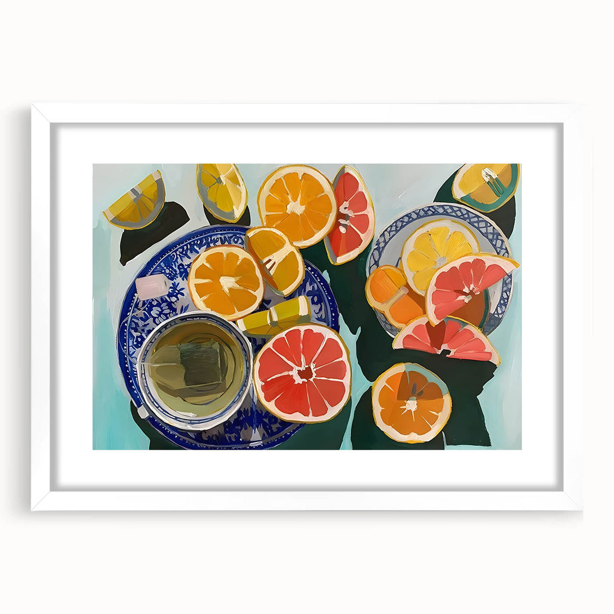 Abstract art print featuring assorted fruits in vibrant colors on a white framed mat, ideal for dining room decor.