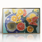Large art print of colorful fruits in a mid-century modernist style, framed in gold acrylic, suitable for nursery wall decor.