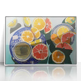 Art deco poster featuring an array of colorful fruits on white acrylic, framed, ideal for modern nursery wall art.