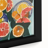 Extra large black wall art featuring colorful, textured fruits on a framed canvas, ideal for living room decor.