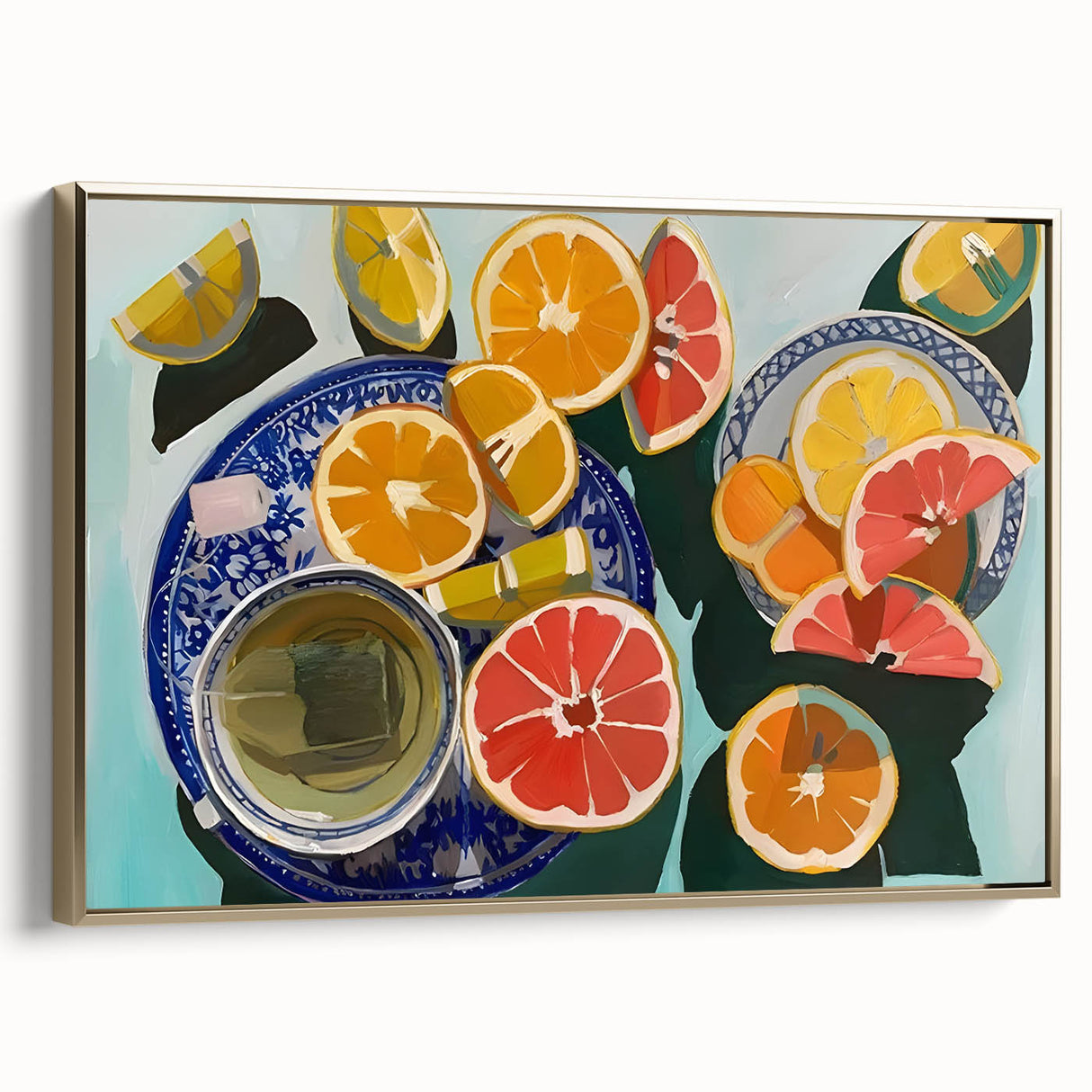 Framed canvas wall art depicting a vintage poster of assorted fruits in muted gold and black tones, ideal for bedroom decor.