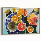 Framed canvas wall art depicting a vintage poster of assorted fruits in muted gold and black tones, ideal for bedroom decor.