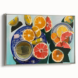 Landscape art painting of colorful fruits on a silver-framed canvas, ideal for kitchen wall decor.