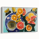 Vintage poster art of colorful fruits on a black background, framed canvas, ideal for living room decor.