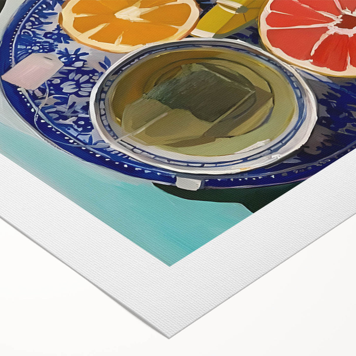 Art deco poster featuring an array of vibrant fruits on rolled canvas, ideal for dining room wall art.