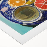 Art deco poster featuring an array of vibrant fruits on rolled canvas, ideal for dining room wall art.