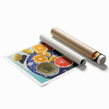 Extra large rolled print featuring an array of vibrant fruits on a white background.