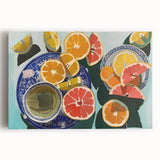 Large black and white canvas featuring assorted fruits, ideal for kitchen wall art.