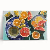 Large black and white stretched canvas featuring assorted fruits, ideal for kitchen wall art.