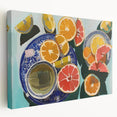 Large stretched canvas featuring a colorful array of fruits, ideal for kitchen wall art.