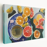 Large stretched canvas featuring a colorful array of fruits, ideal for kitchen wall art.