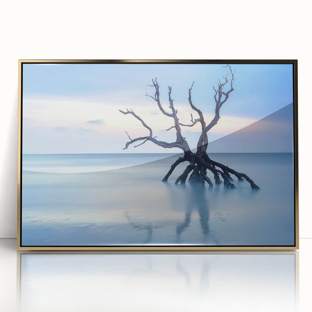 Framed acrylic artwork depicting a serene beach landscape with golden hues, designed to enhance home decor. Perfect for creating a calming atmosphere in any room.