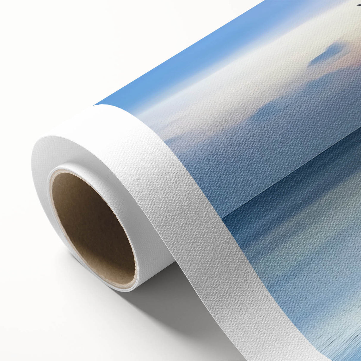 Rolled canvas showcasing a serene beach landscape with vibrant colors and gentle waves, elegantly packaged in a protective cardboard tube for easy shipping. This artwork enhances coastal-themed decor, perfect for beach lovers and home aesthetics.