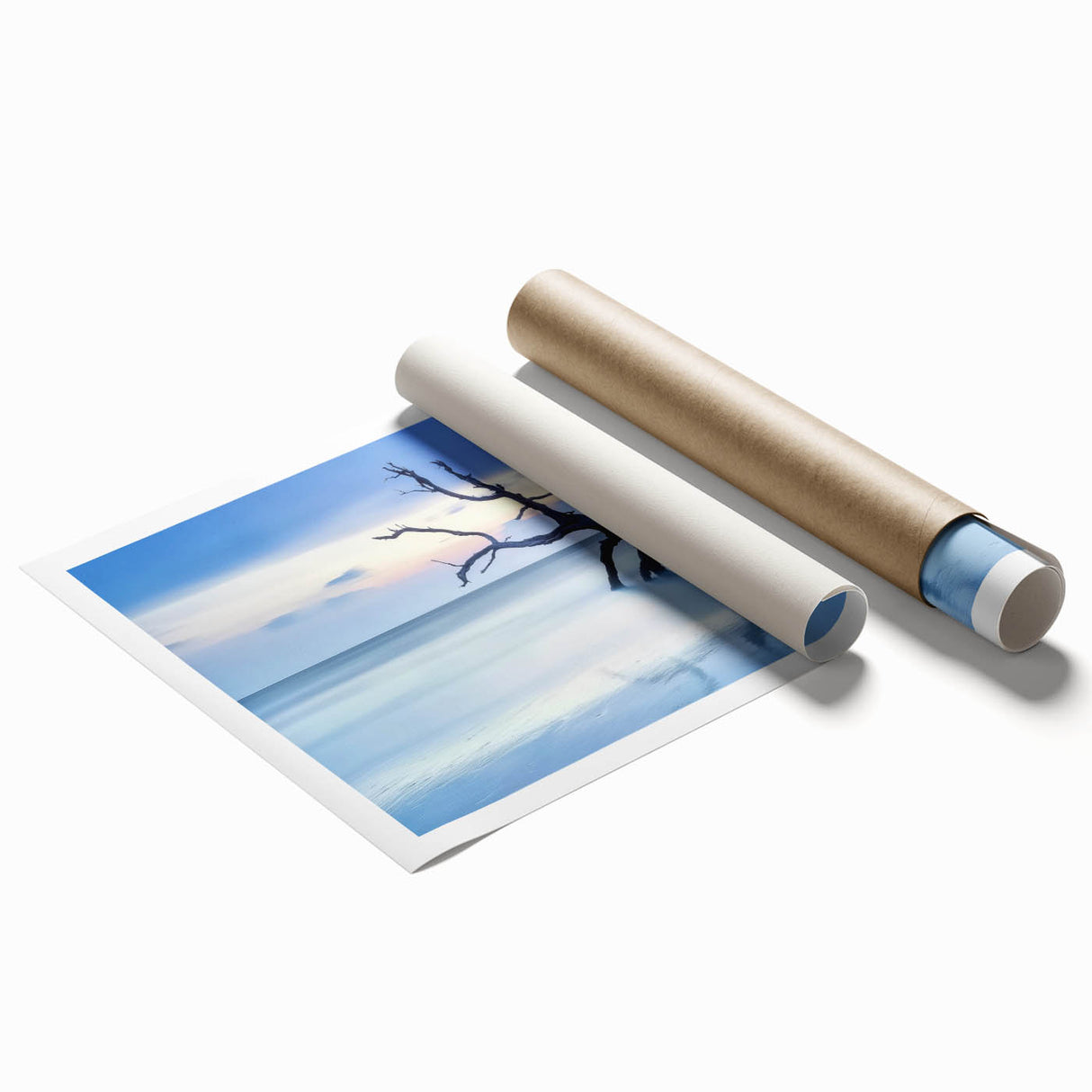 Vibrant landscape canvas print depicting serene beaches with gentle waves and golden sand, rolled and ready for display, showcasing rich colors and fine details.