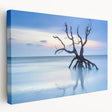 Stretched canvas artwork depicting a vibrant beach landscape with vivid blues and greens, perfect for coastal home decor and adding a serene atmosphere to any room.