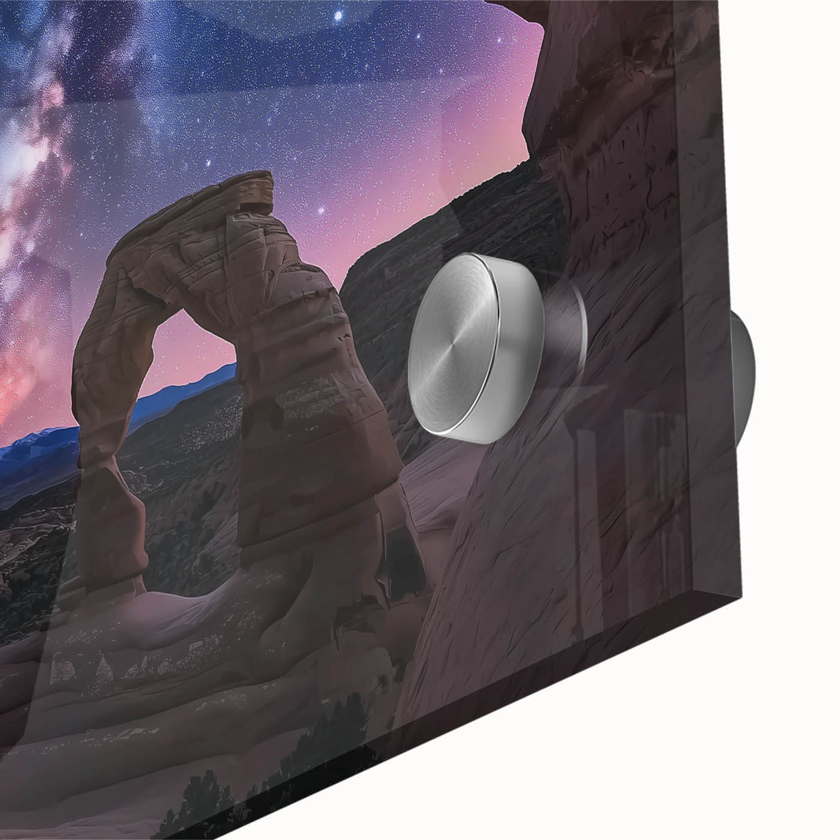 Vibrant close-up of acrylic glass artwork depicting stunning landscape canyons, showcasing rich colors and intricate textures, perfect for modern home decor.