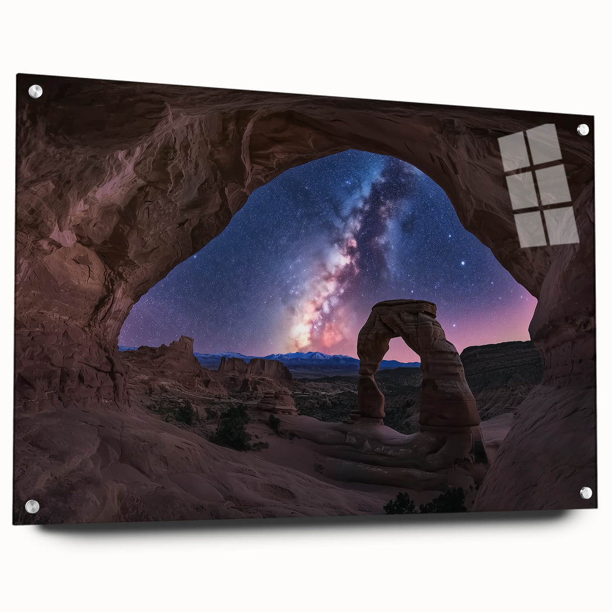Acrylic glass artwork showcasing a stunning landscape of canyons, featuring vibrant colors and intricate details, mounted with pins for a modern display. Perfect for nature enthusiasts and home decor lovers.