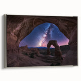 Framed landscape canvas depicting vibrant canyons with a silver frame, showcasing rich earth tones and intricate details, perfect for enhancing home decor.