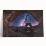 Stretched canvas artwork depicting a vibrant landscape of majestic canyons at sunset, showcasing rich orange and purple hues, perfect for home decor.