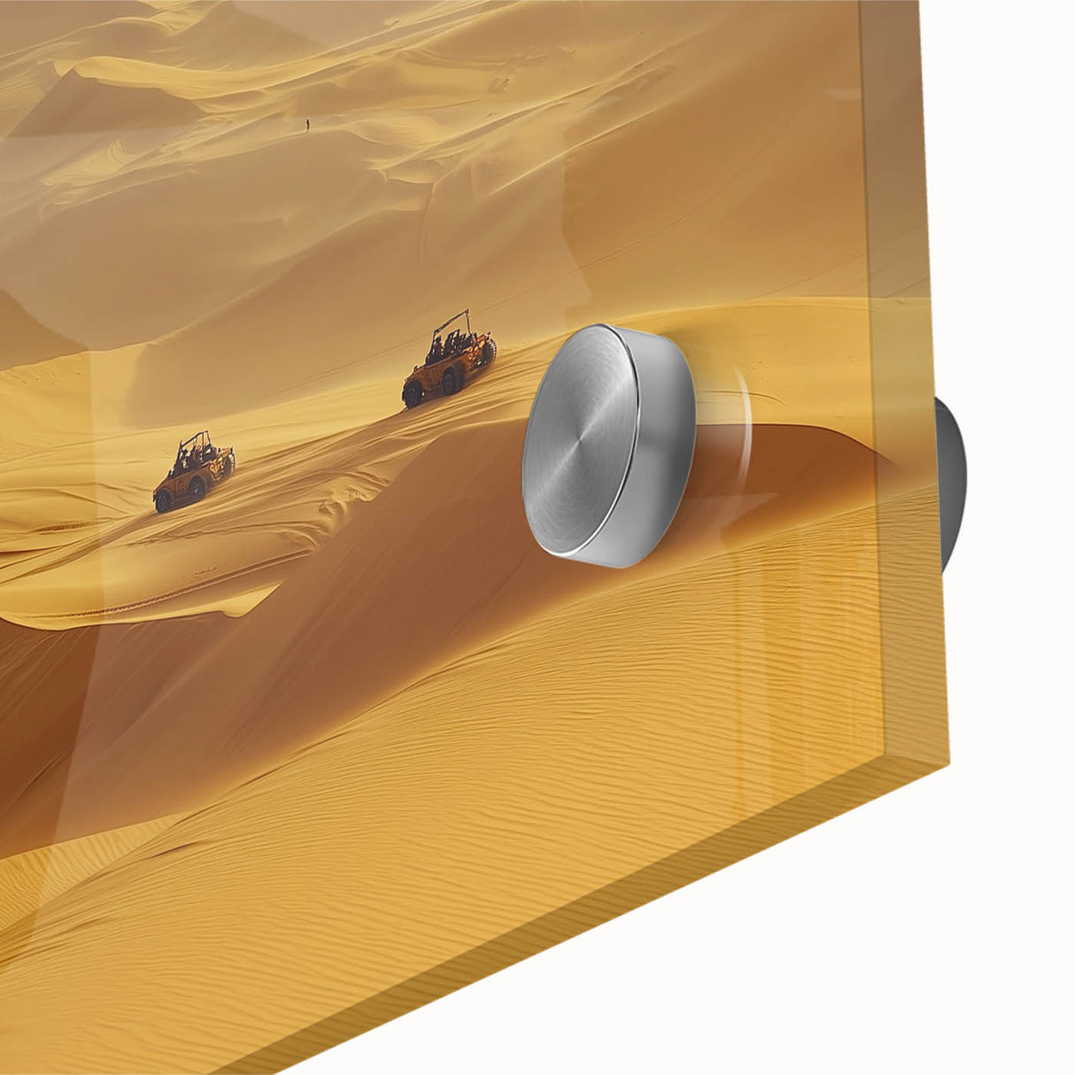 Vibrant close-up of an acrylic glass artwork depicting a serene desert landscape, showcasing vivid colors and intricate details, perfect for modern home decor.