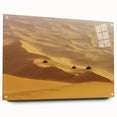 Acrylic glass artwork depicting a vibrant desert landscape, showcasing warm desert hues and intricate details, framed with pins for an elegant display.