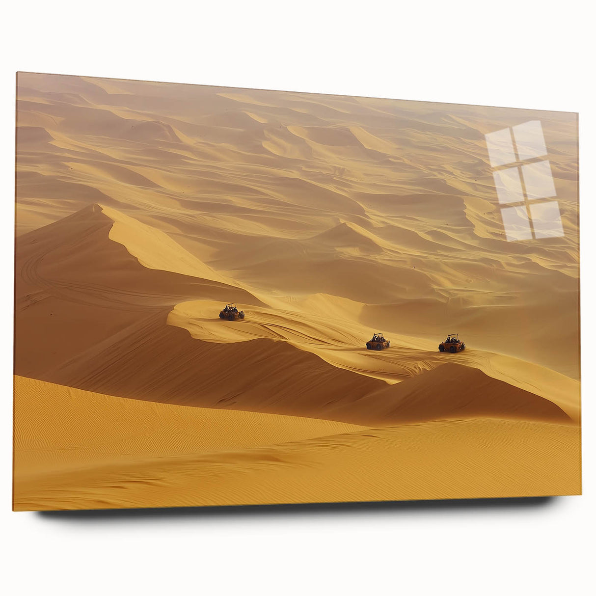 Acrylic glass landscape artwork depicting a serene desert scene, showcasing warm hues of orange and yellow with intricate details, perfect for modern home decor.