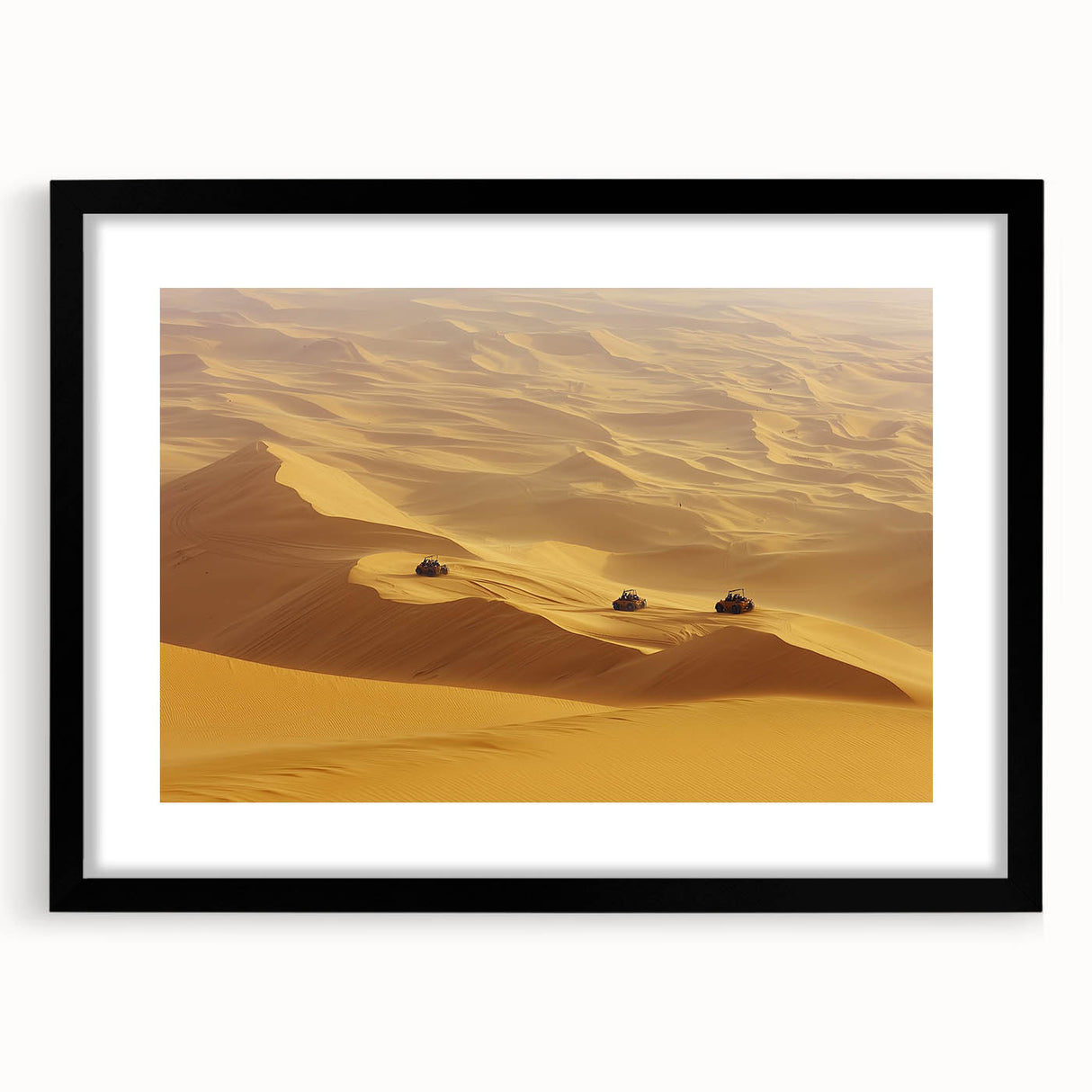 Black-framed landscape artwork showcasing a serene desert scene with vibrant colors and intricate details, perfect for home decor or office spaces.