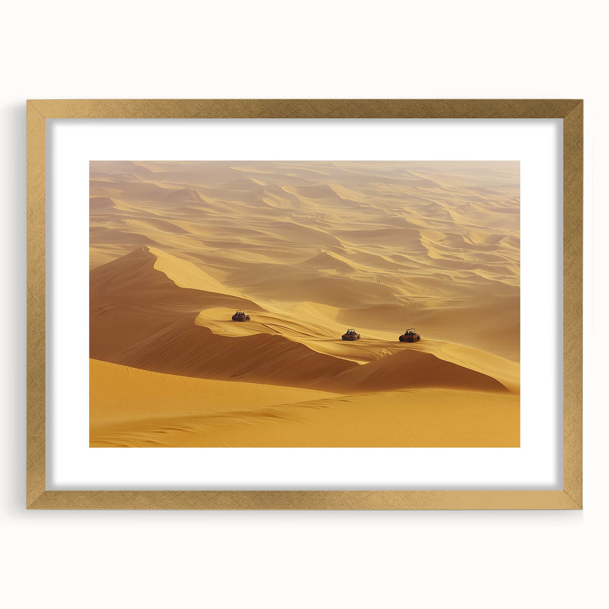 Desert landscape framed artwork in gold, showcasing soft hues of beige and orange with a matte finish, perfect for enhancing modern interior decor.