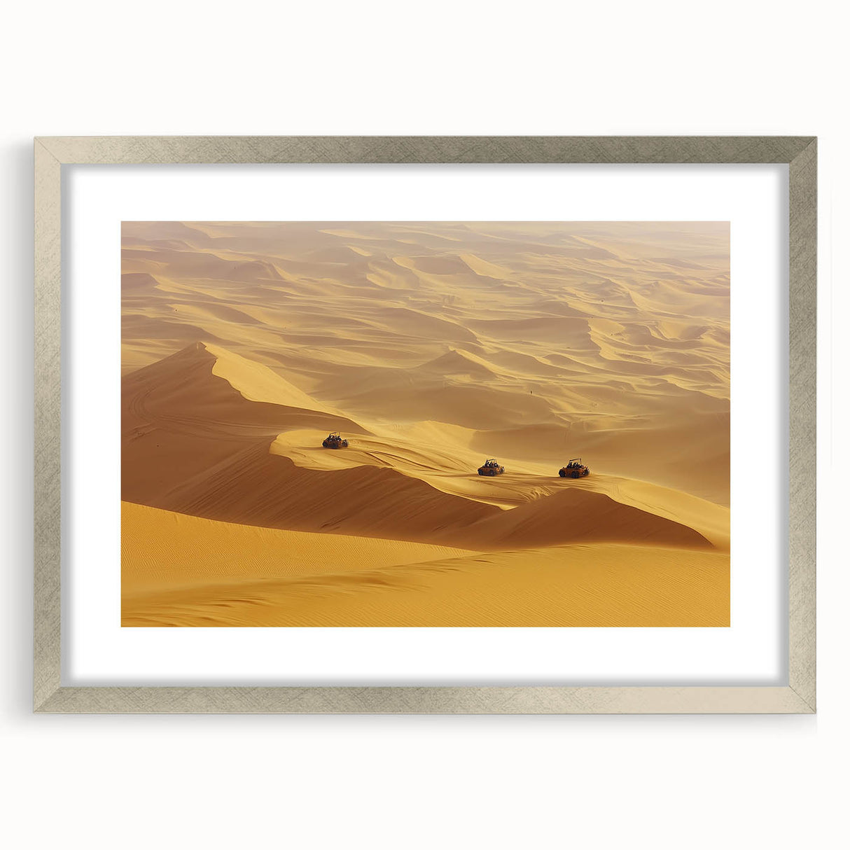 Silver-framed landscape art depicting a serene desert scene with vibrant colors, elegantly matted for a polished presentation, ideal for home decor.
