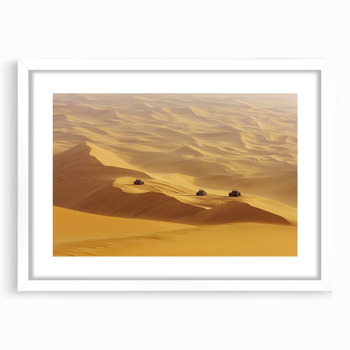 Desert landscape artwork framed in a white mat, showcasing vibrant earth tones and intricate details, perfect for enhancing modern home decor.