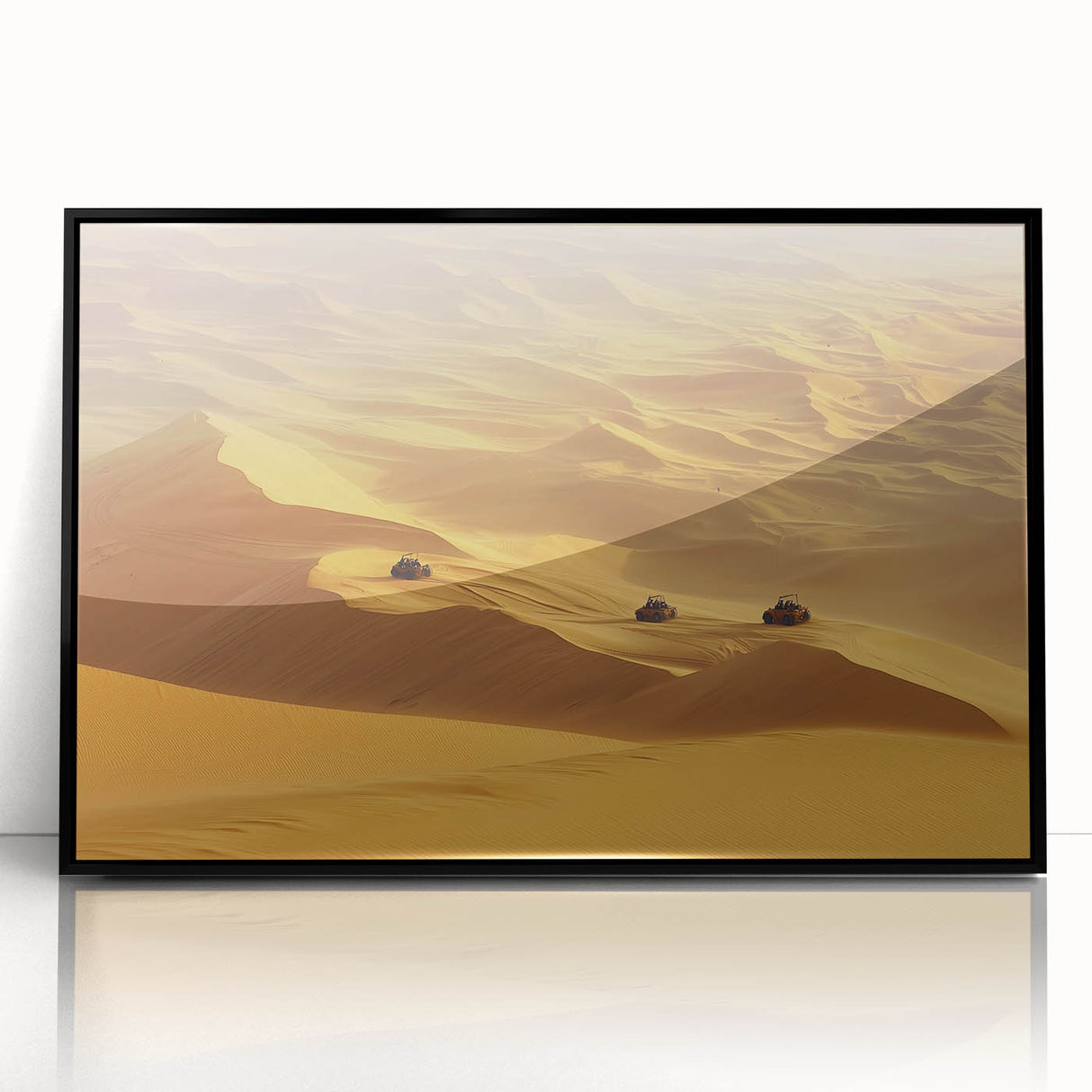Framed acrylic artwork showcasing a stunning desert landscape in vibrant colors, featuring a black frame that enhances the scene's depth. Ideal for home decor.