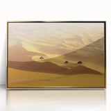 Framed acrylic artwork showcasing a vibrant desert landscape with golden hues, perfect for modern decor. Ideal for enhancing living spaces or offices.