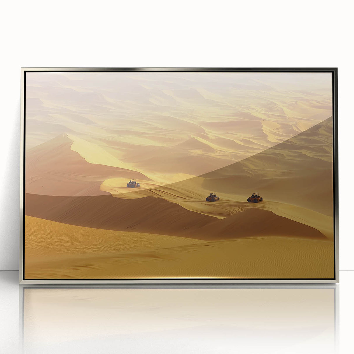 Framed acrylic artwork depicting a vibrant desert landscape at sunset, showcasing warm hues of orange and gold, ideal for modern home decor.
