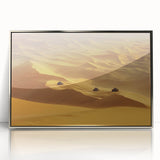 Framed acrylic artwork depicting a vibrant desert landscape at sunset, showcasing warm hues of orange and gold, ideal for modern home decor.