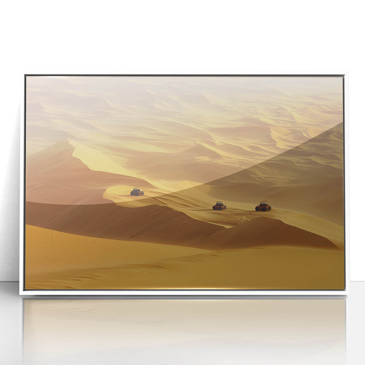 Framed acrylic artwork depicting a serene desert landscape with warm earthy tones, showcasing a tranquil sunset over sand dunes, ideal for modern home decor.