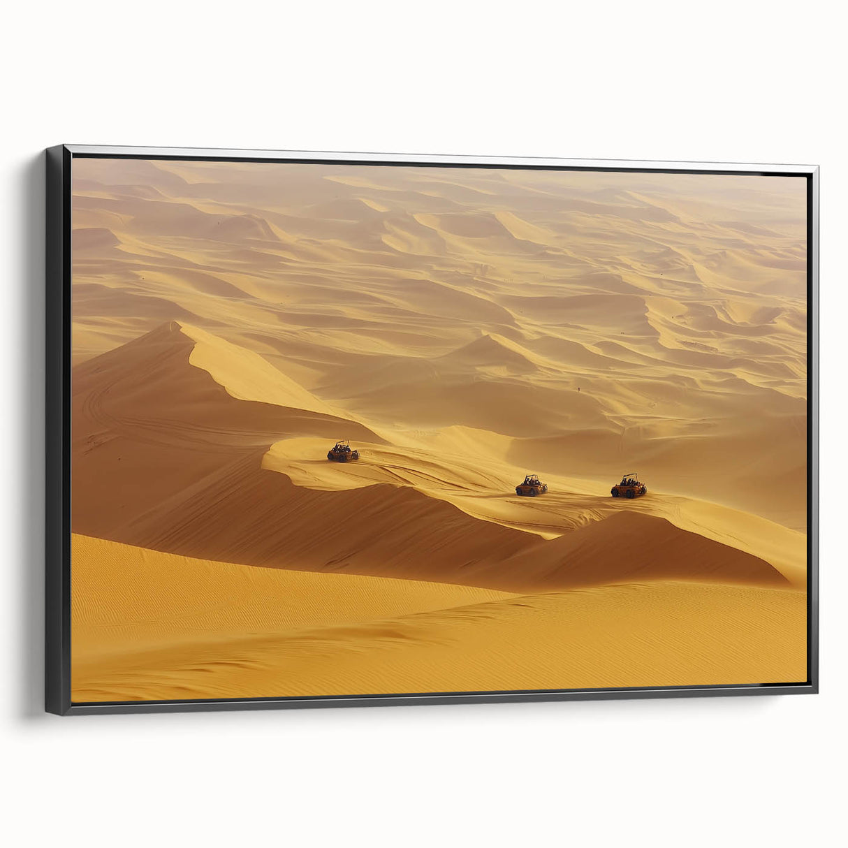 Framed canvas artwork depicting a serene desert landscape, featuring warm earth tones and intricate details, presented in a sleek black frame, ideal for modern home decor.