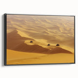 Framed canvas artwork depicting a serene desert landscape, featuring warm earth tones and intricate details, presented in a sleek black frame, ideal for modern home decor.