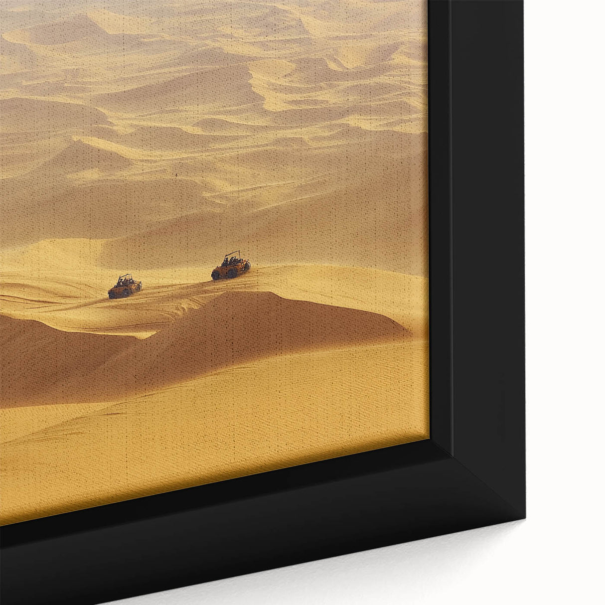 Close-up of a framed canvas depicting a vibrant desert landscape, showcasing warm earthy tones, intricate details, and a serene atmosphere, perfect for home decor.