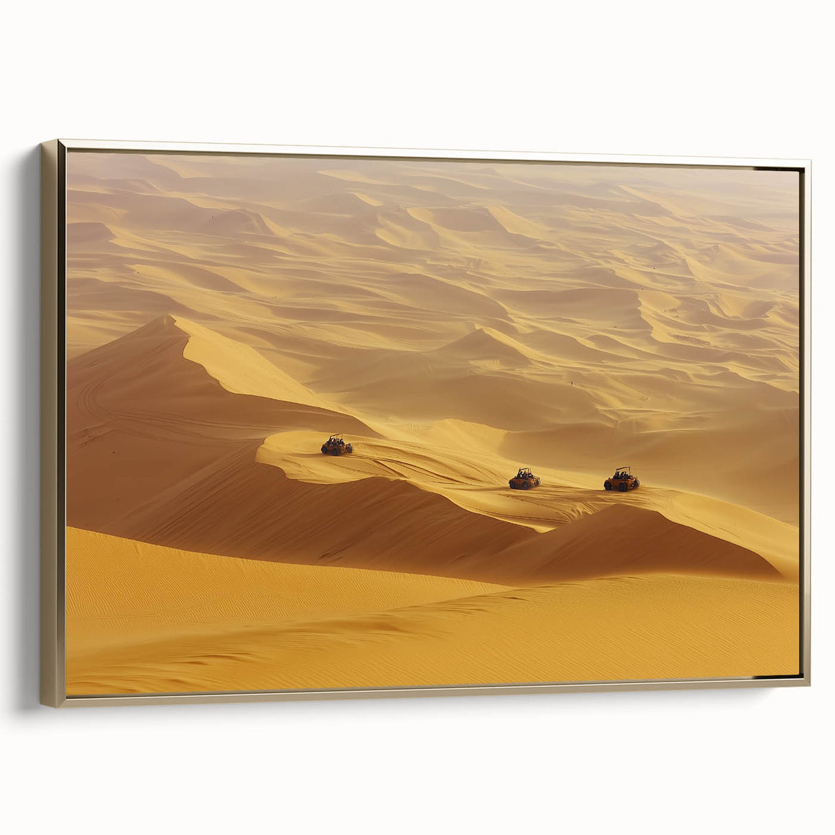 Desert landscape framed canvas art featuring golden hues and intricate detailing, perfect for enhancing modern home decor with a touch of nature.