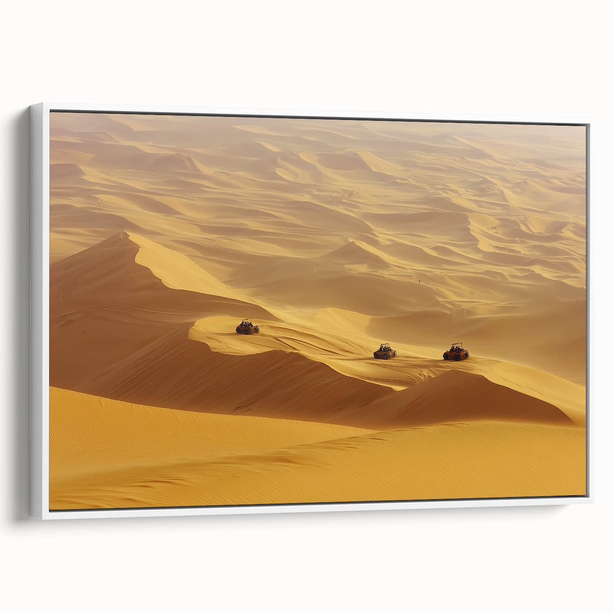 Framed canvas artwork depicting a serene desert landscape with warm, earthy tones, showcasing a white frame, perfect for enhancing modern home decor.