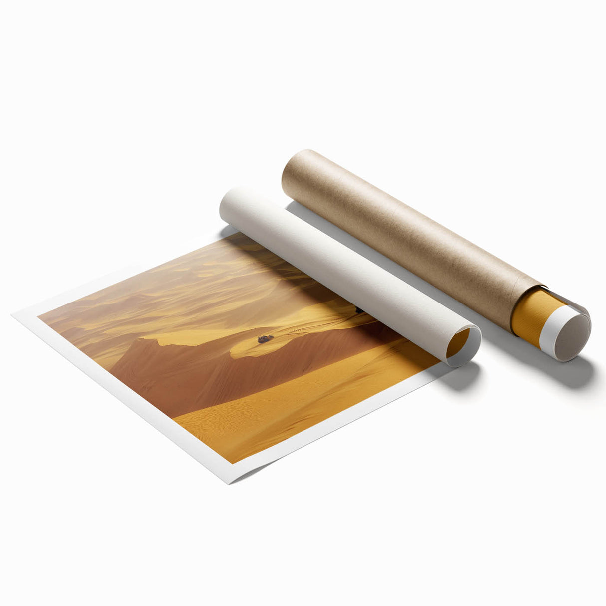 Desert landscape rolled print showcasing vibrant hues of orange and yellow, depicting a serene sunset over sandy dunes, elegantly packaged in a protective tube.