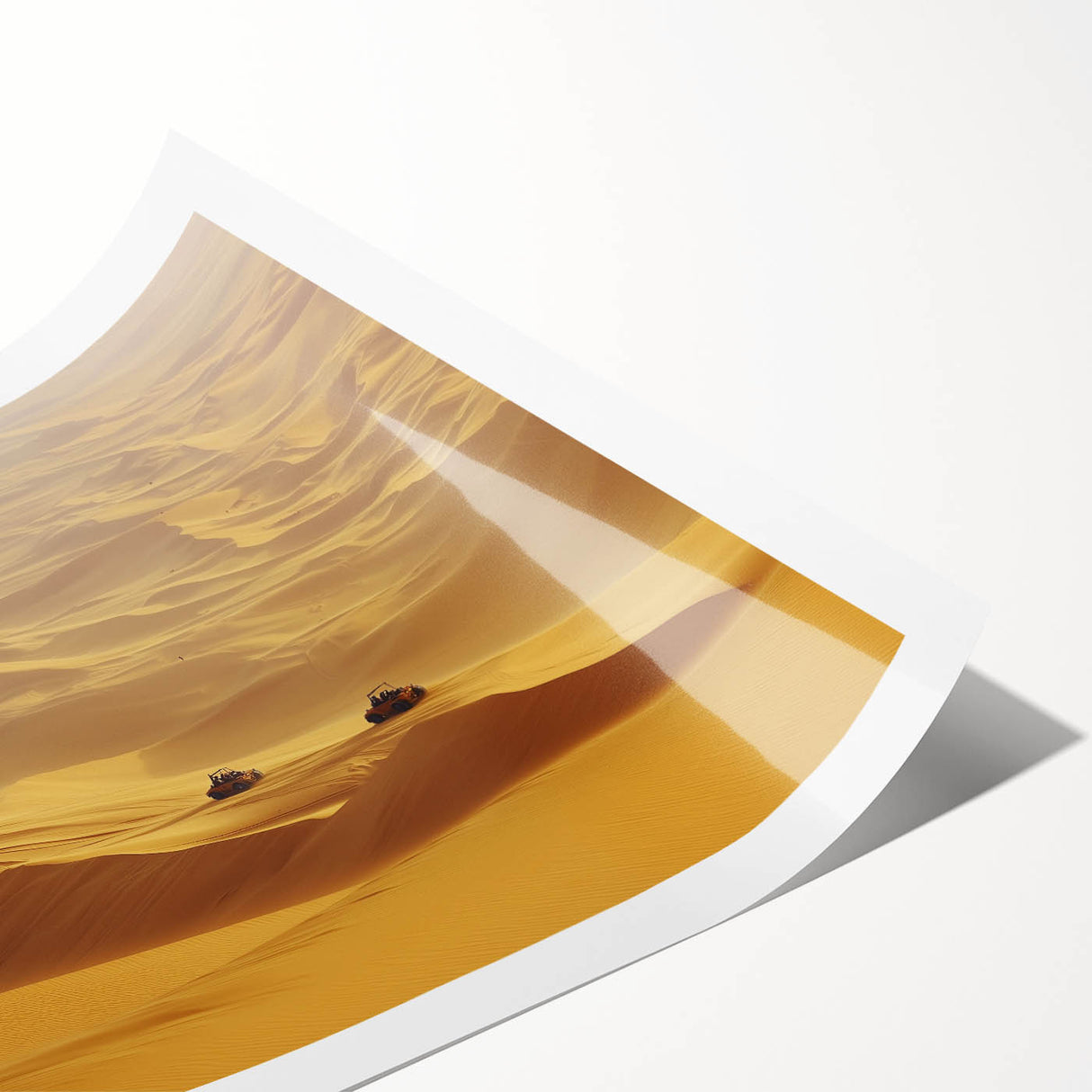 Desert landscape rolled print showcasing warm hues of orange and brown with striking cactus silhouettes, elegantly packaged in a protective tube for delivery.