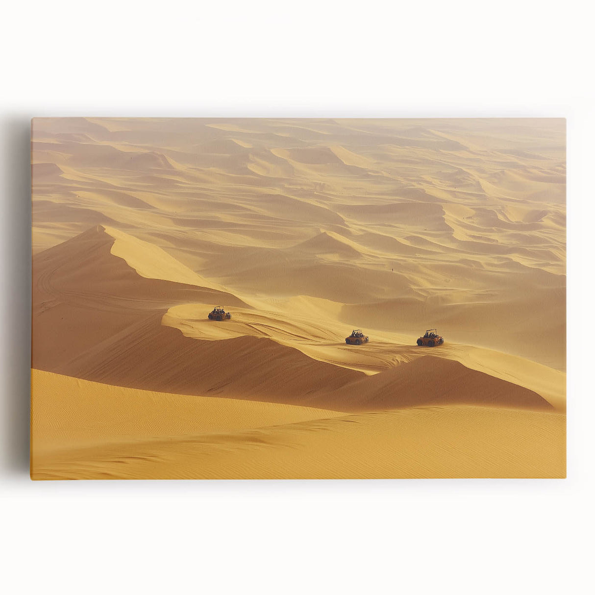 Desert landscape stretched canvas featuring vibrant orange and yellow hues, depicting a serene sunset over arid dunes, ideal for home decor or art enthusiasts.