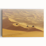 Desert landscape stretched canvas featuring vibrant orange and yellow hues, depicting a serene sunset over arid dunes, ideal for home decor or art enthusiasts.