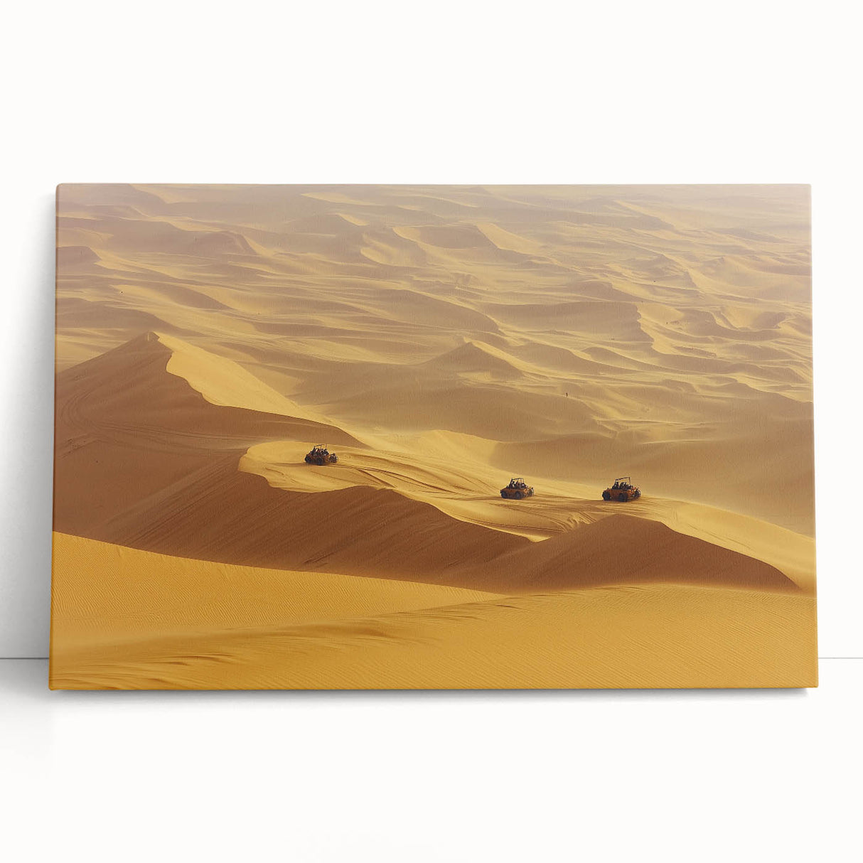 Stretched canvas art print showcasing a vibrant desert landscape with warm, earthy tones and dramatic sky, ideal for modern home decor accents.