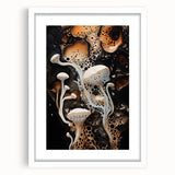 Abstract art print featuring swirling blue and gray patterns, framed in white, ideal for dining room or bedroom decor.