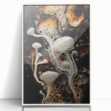 Art deco poster featuring natural elements and geometric shapes in muted earth tones, acrylic print framed in white.